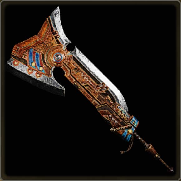 A close-up of a weapon in Monster Hunter Wilds against a black background.