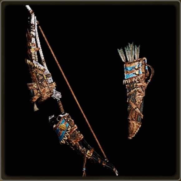 A close-up of a weapon in Monster Hunter Wilds against a black background.