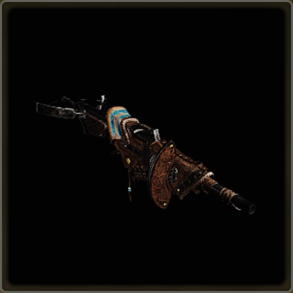 A close-up of a weapon in Monster Hunter Wilds against a black background.