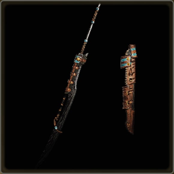 A close-up of a weapon in Monster Hunter Wilds against a black background.