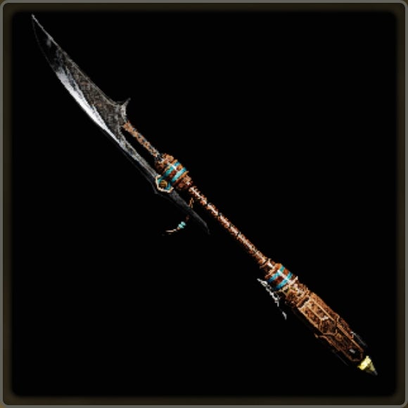 A close-up of a weapon in Monster Hunter Wilds against a black background.