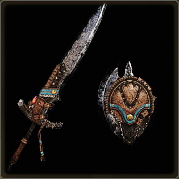 A close-up of a weapon in Monster Hunter Wilds against a black background.