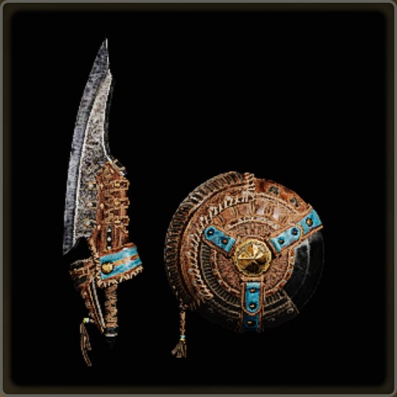 A close-up of a weapon in Monster Hunter Wilds against a black background.