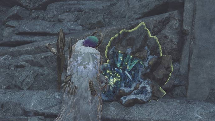 monster hunter wilds hunter by mining outcrop in iceshard cliffs