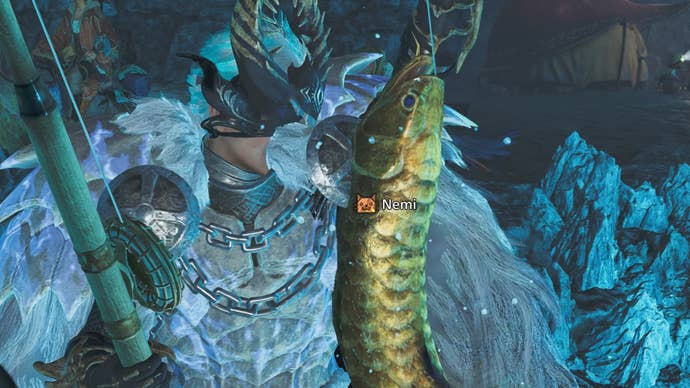 monster hunter wilds hunter capturing goldenfish