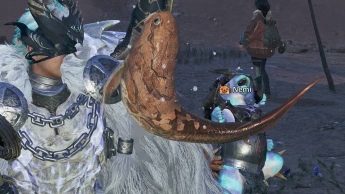 monster hunter wilds hunter catching gravid bowfin