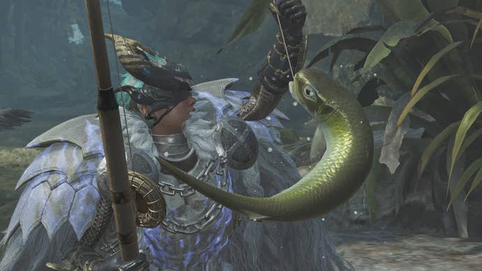 monster hunter wilds hunter catching virid bowfin fish