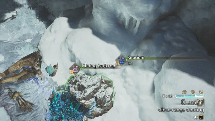 monster hunter wilds hunter collecting gracium from mining outcrop iceshard cliffs