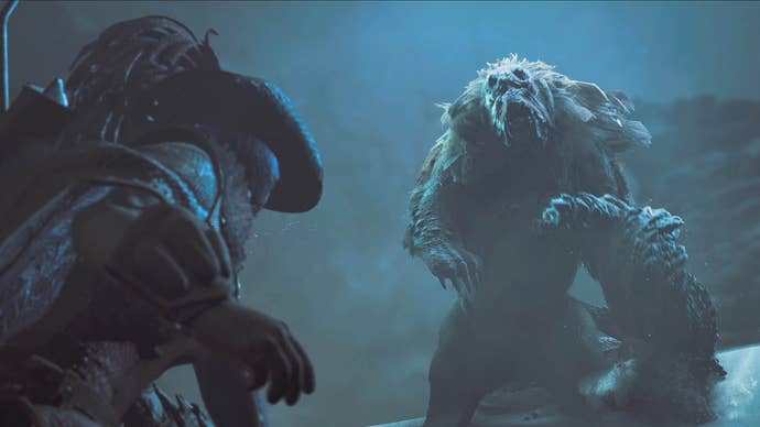 monster hunter wilds hunter facing alpha doshaguma