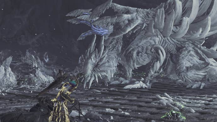 monster hunter wilds hunter facing crystal covered zoh shia