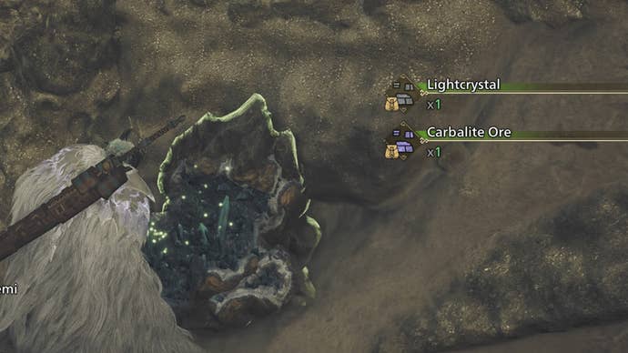monster hunter wilds hunter gathering carbalite ore from mining outcrop