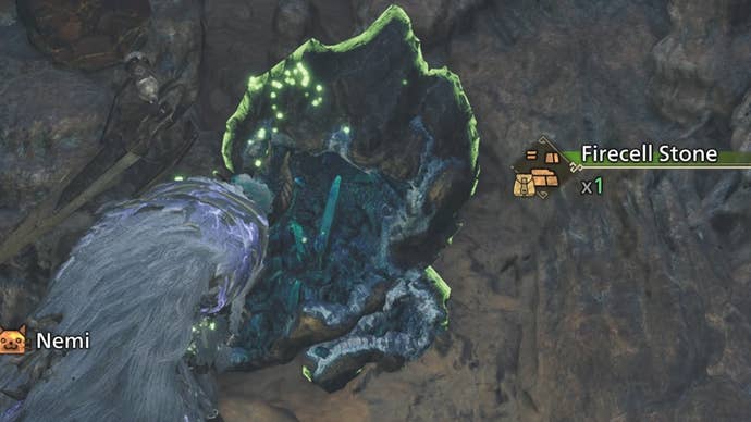 monster hunter wilds hunter getting firecell stone from mining outcrop