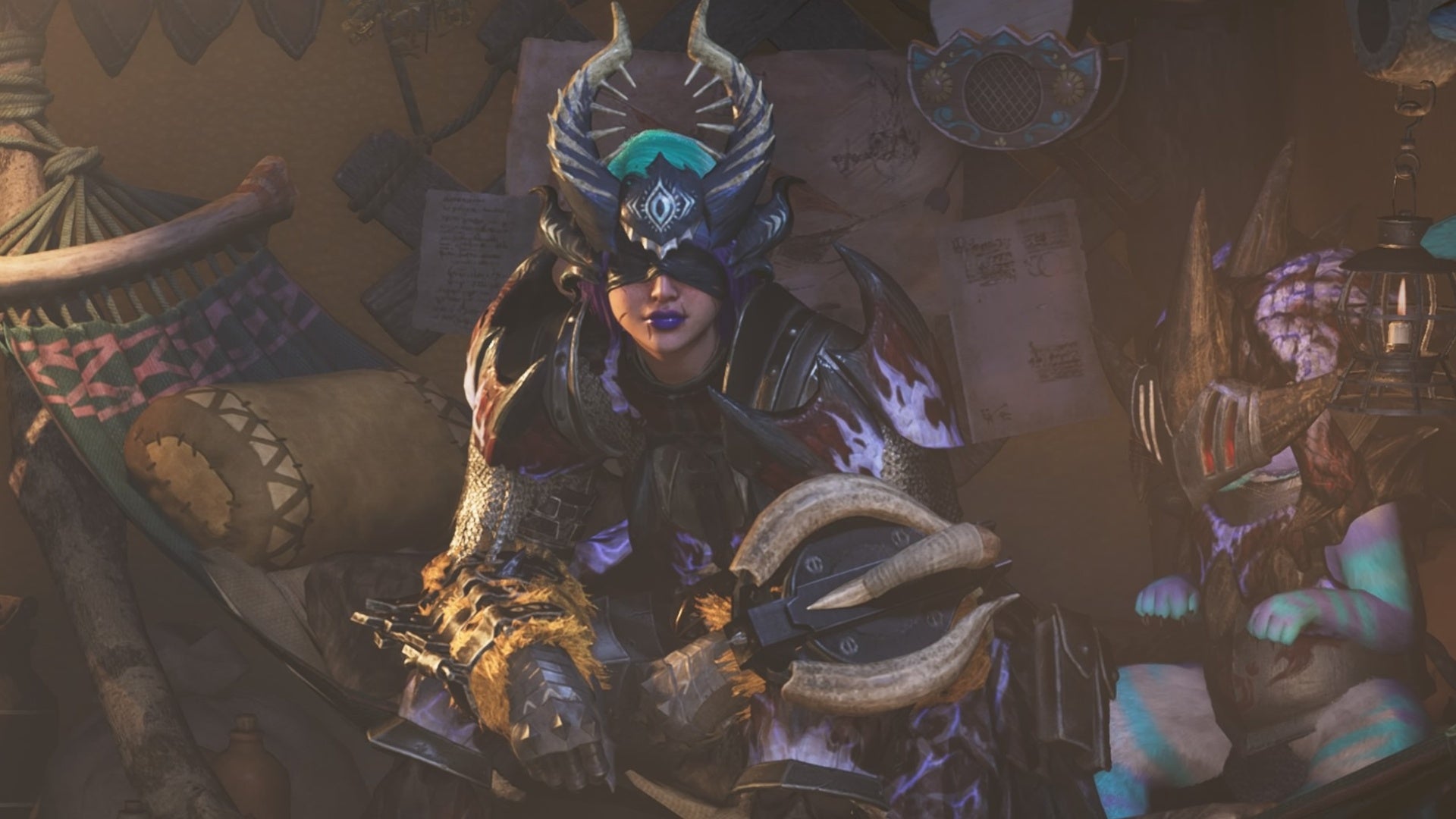 monster hunter wilds hunter in purple armor inside tent