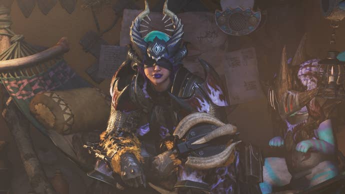 monster hunter wilds hunter in purple armor inside tent