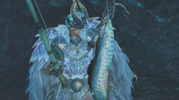 monster hunter wilds hunter pulling in fish in iceshard cliffs