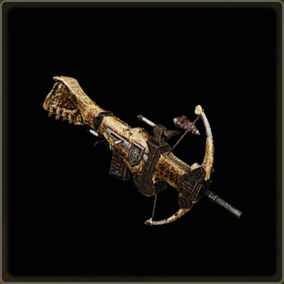 A close-up of a weapon in Monster Hunter Wilds against a black background.