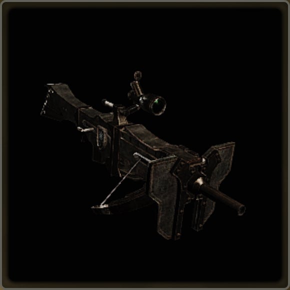 A close-up of a weapon in Monster Hunter Wilds against a black background.