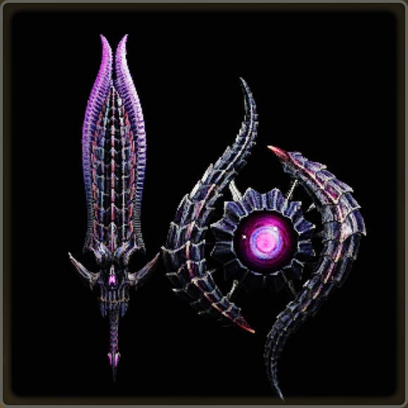 A close-up of a weapon in Monster Hunter Wilds against a black background.