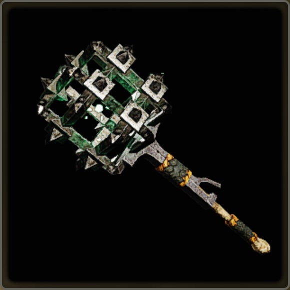 A close-up of a weapon in Monster Hunter Wilds against a black background.