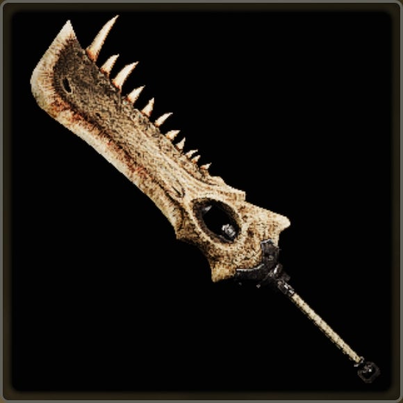 A close-up of a weapon in Monster Hunter Wilds against a black background.