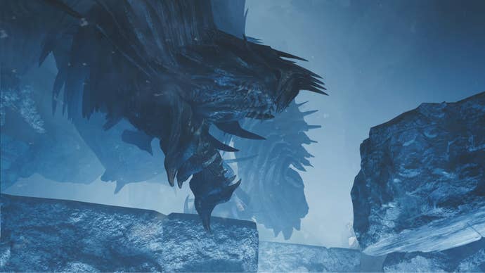 A close-up of the face of Jin Dahaad, a large monster in Monster Hunter Wilds.