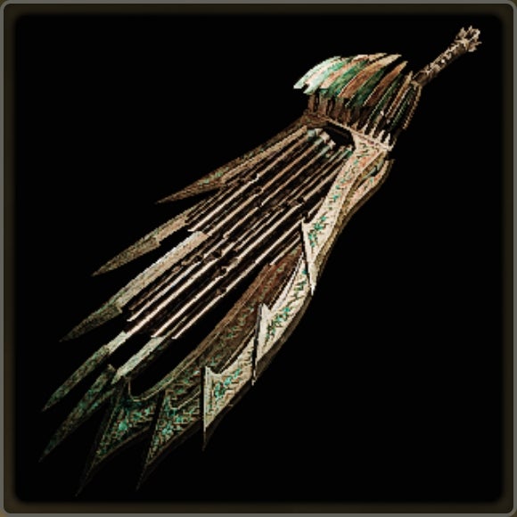 A close-up of a weapon in Monster Hunter Wilds against a black background. - 7