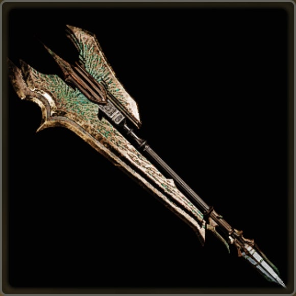 A close-up of a weapon in Monster Hunter Wilds against a black background. - 7