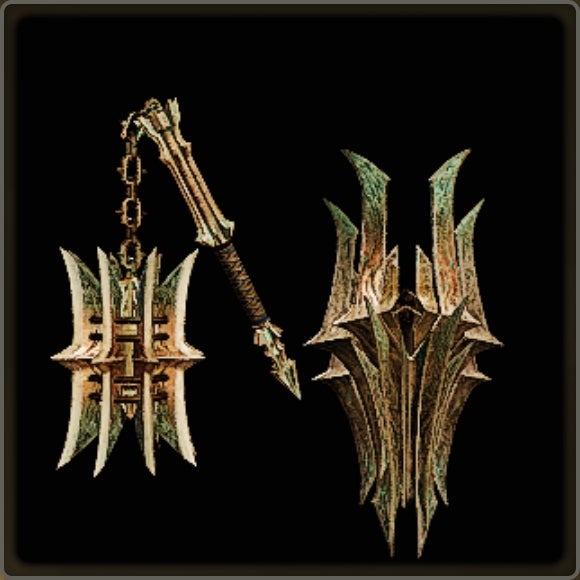 A close-up of a weapon in Monster Hunter Wilds against a black background.