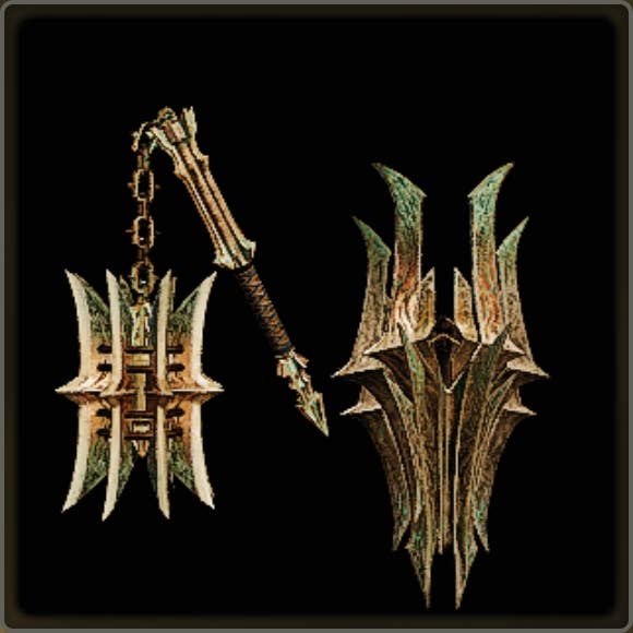 A close-up of a weapon in Monster Hunter Wilds against a black background.