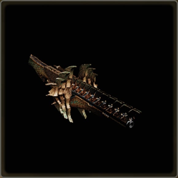 A close-up of a weapon in Monster Hunter Wilds against a black background.