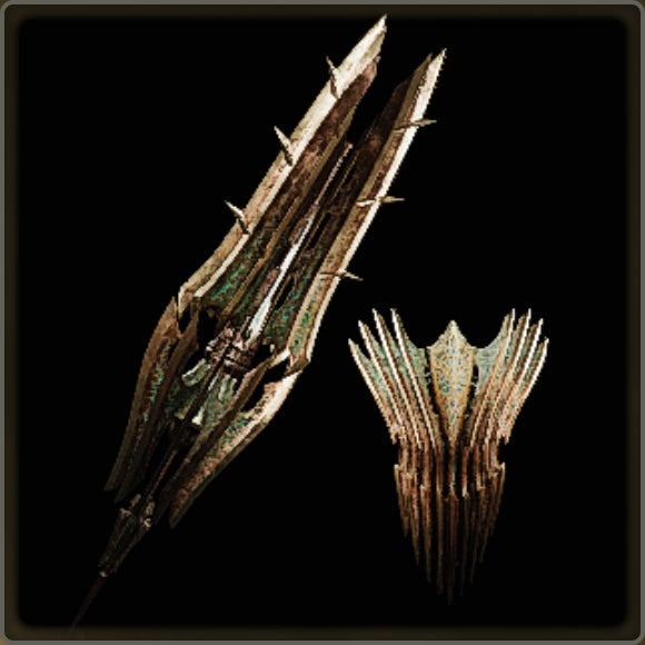A close-up of a weapon in Monster Hunter Wilds against a black background.