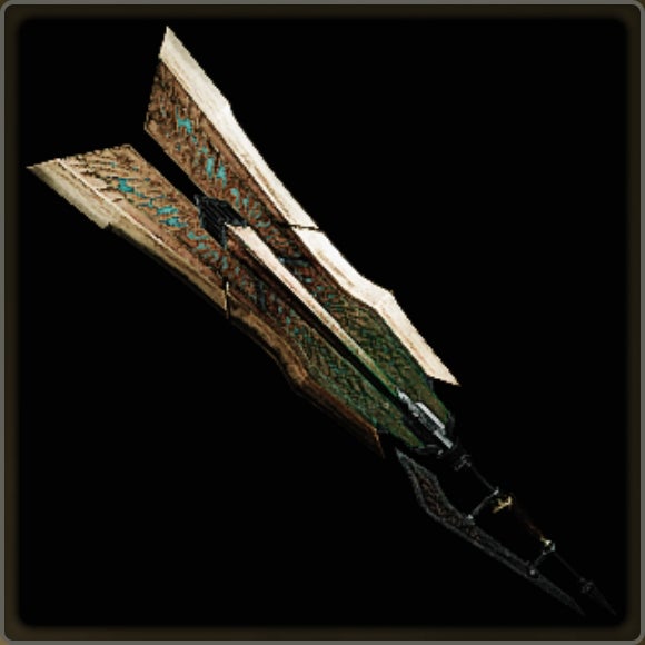 A close-up of a weapon in Monster Hunter Wilds against a black background.