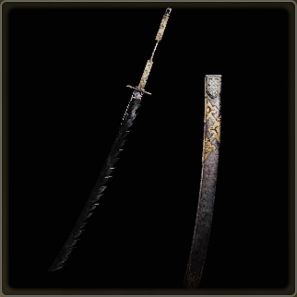 A close-up of a weapon in Monster Hunter Wilds against a black background.