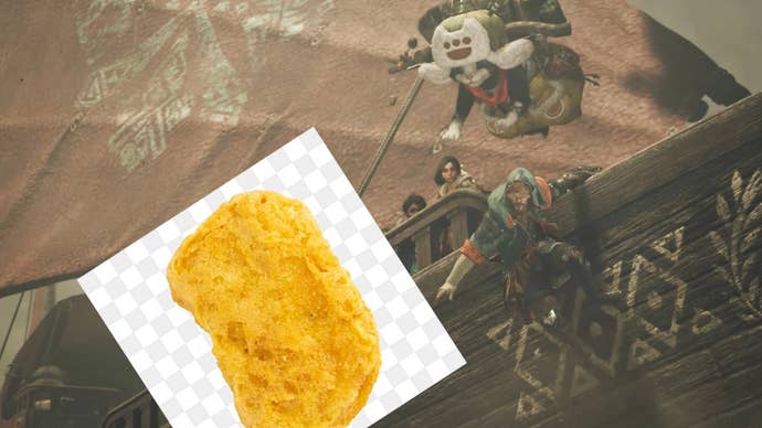 A Monster Hunter Wilds Palico (big) and hunter jumping after a badly edited PNG of a chicken nugget.