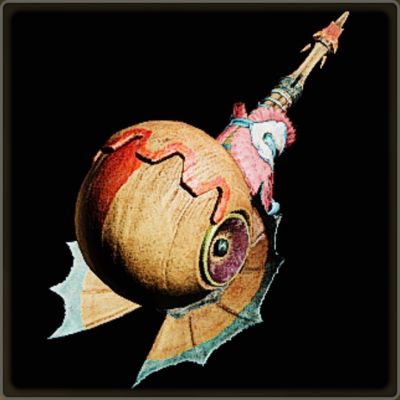 A close-up of a weapon in Monster Hunter Wilds against a black background.