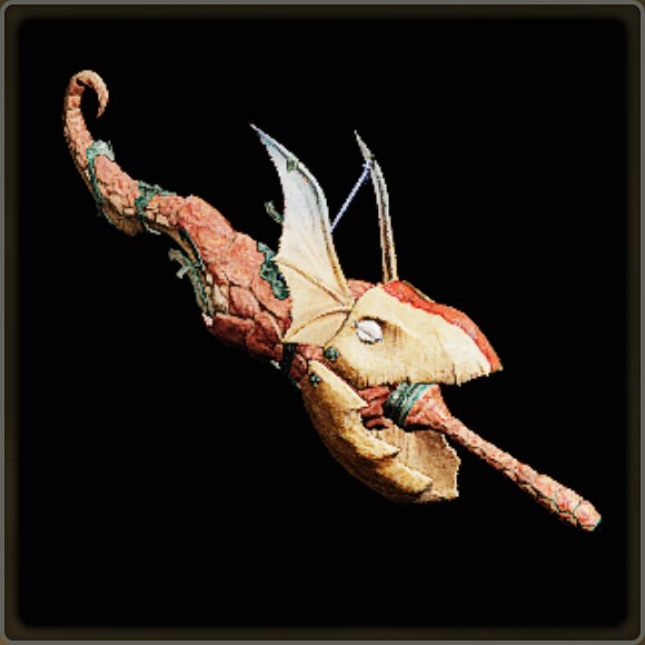 A close-up of a weapon in Monster Hunter Wilds against a black background.