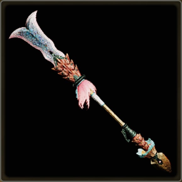 A close-up of a weapon in Monster Hunter Wilds against a black background. - 18