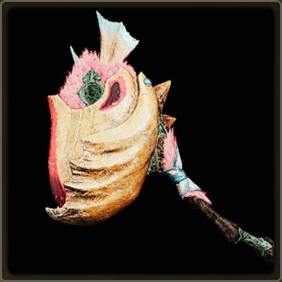 A close-up of a weapon in Monster Hunter Wilds against a black background.