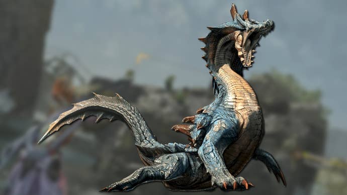 A blurred backdrop from Monster Hunter Wilds with a Lagiacrus, a monster from a previous version of Monster Hunter, superimposed over the top.