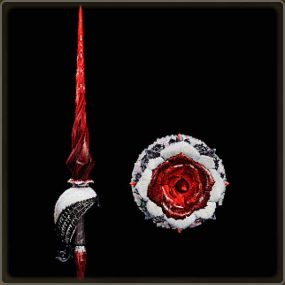 A close-up of a weapon in Monster Hunter Wilds against a black background.
