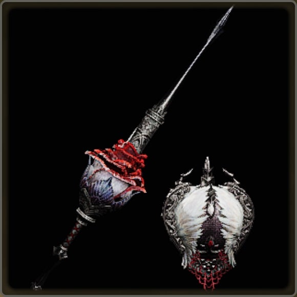 A close-up of a weapon in Monster Hunter Wilds against a black background.