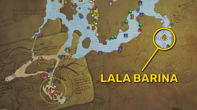 Part of the Forest map in Monster Hunter Wilds, with the location of a Lala Barina cave marked in yellow.