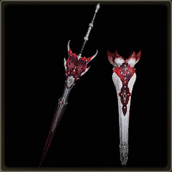 A close-up of a weapon in Monster Hunter Wilds against a black background.