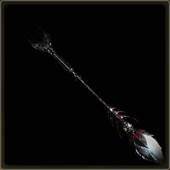 A close-up of a weapon in Monster Hunter Wilds against a black background.
