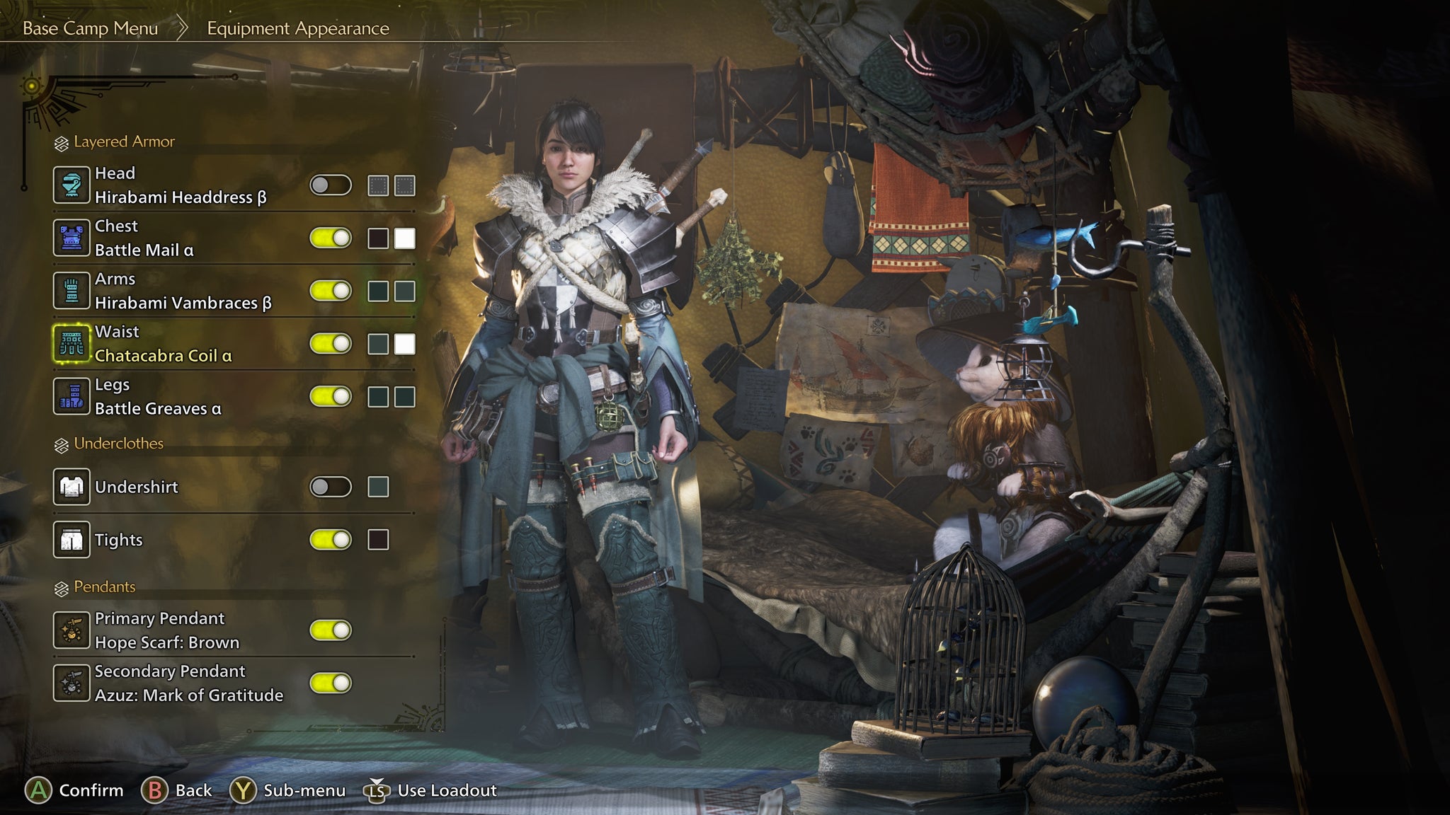 A screenshot of the Layered Armor menu in Monster Hunter Wilds, with the hunter character standing in their tent in the background displaying the armor. - 6