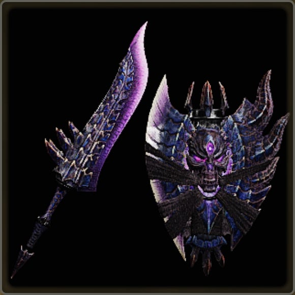 A close-up of a weapon in Monster Hunter Wilds against a black background.