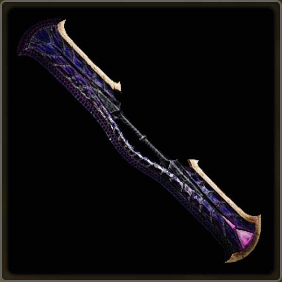 A close-up of a weapon in Monster Hunter Wilds against a black background.
