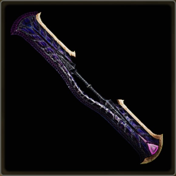 A close-up of a weapon in Monster Hunter Wilds against a black background.