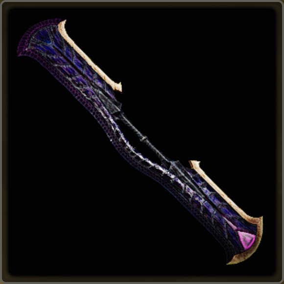 A close-up of a weapon in Monster Hunter Wilds against a black background.