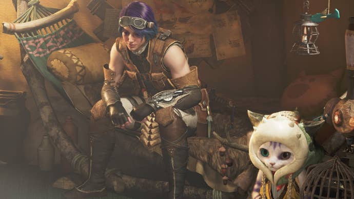 monster hunter wilds low rank hunter with palico in tent